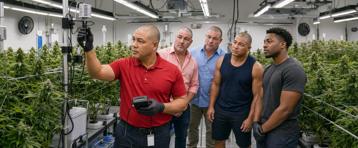 Devin Lockett training a team in the hydroponic cannabis cultivation grow